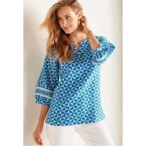 Soft Surroundings Narah Tunic Top Womens Large Blue White Woven Boho Blouse